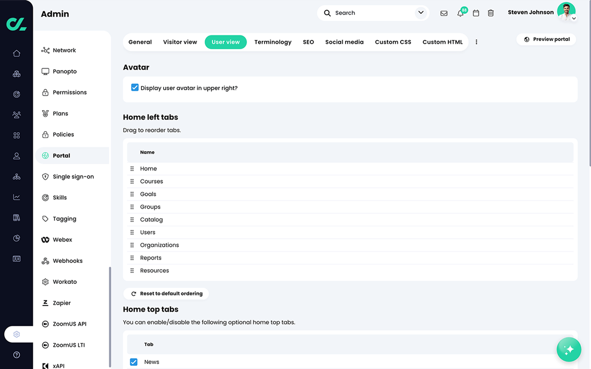 Admin, Portal, User view tab