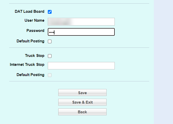 DAT Load Board setup fields