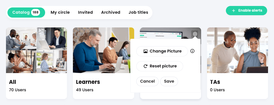 Users, Catalog, with the Configure menu active for an Account type tile