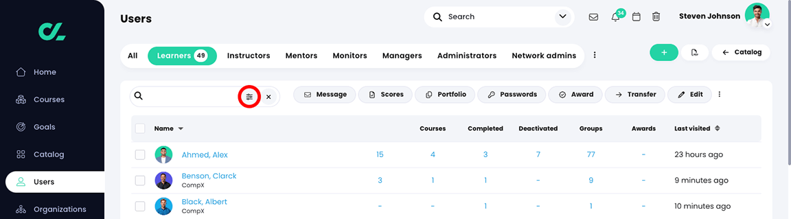 Users, Learners tab with the Filter icon highlighted in the search bar