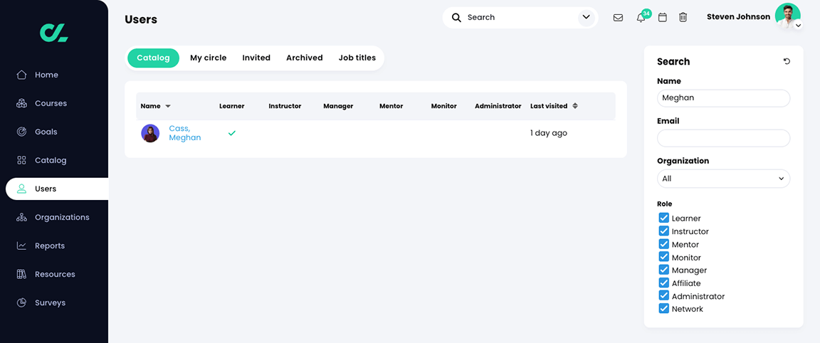 Users, Catalog with a user listed that matches the search name