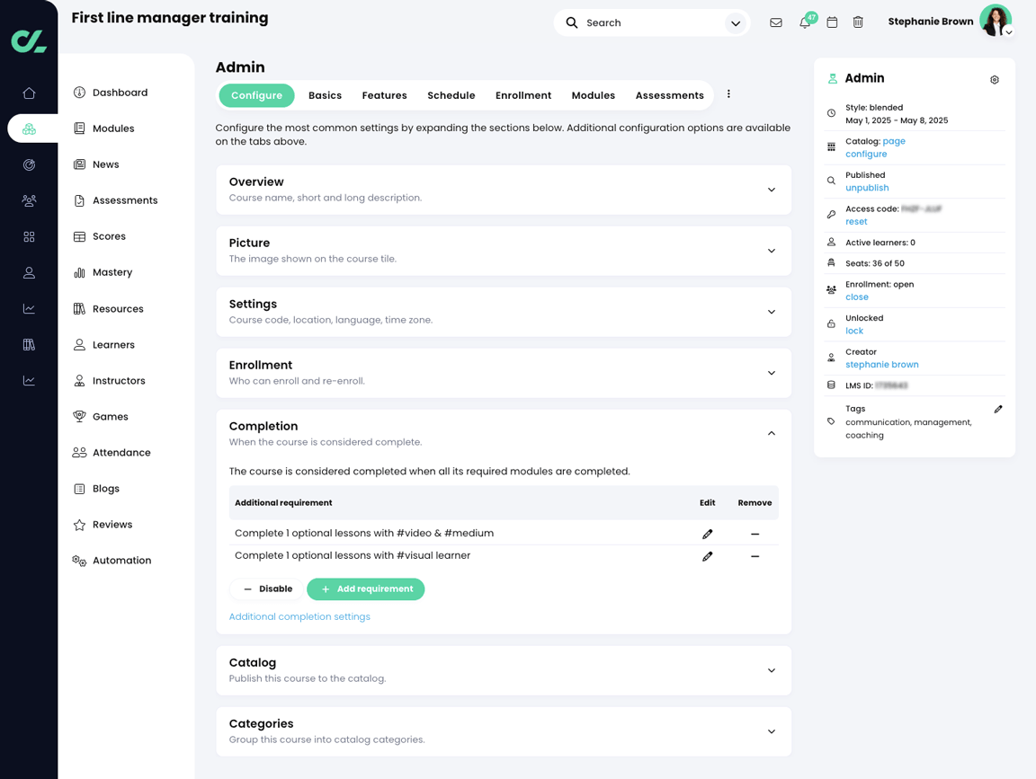 Course, Admin, Configure tab with the Completion section expanded