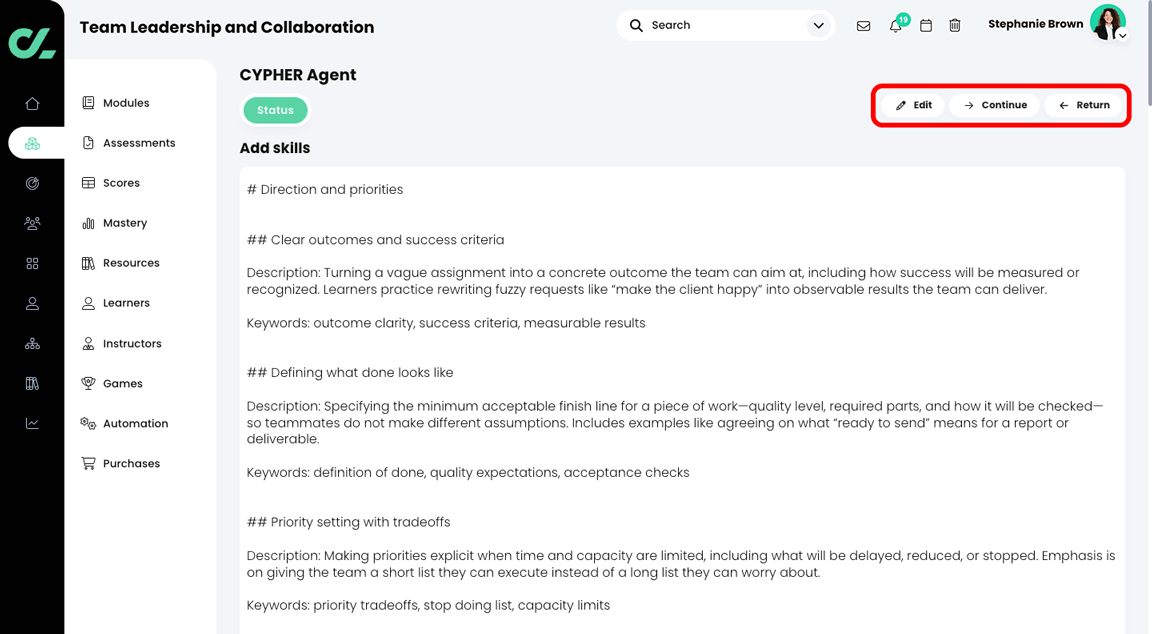 CYPHER Agent Add skills Markdown file, with the Edit, Continue, and Return buttons highlighted