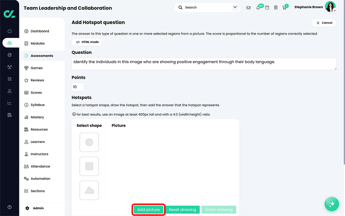 Course, Assessments, Quiz, Add Hotspot question page with the Add picture button highlighted