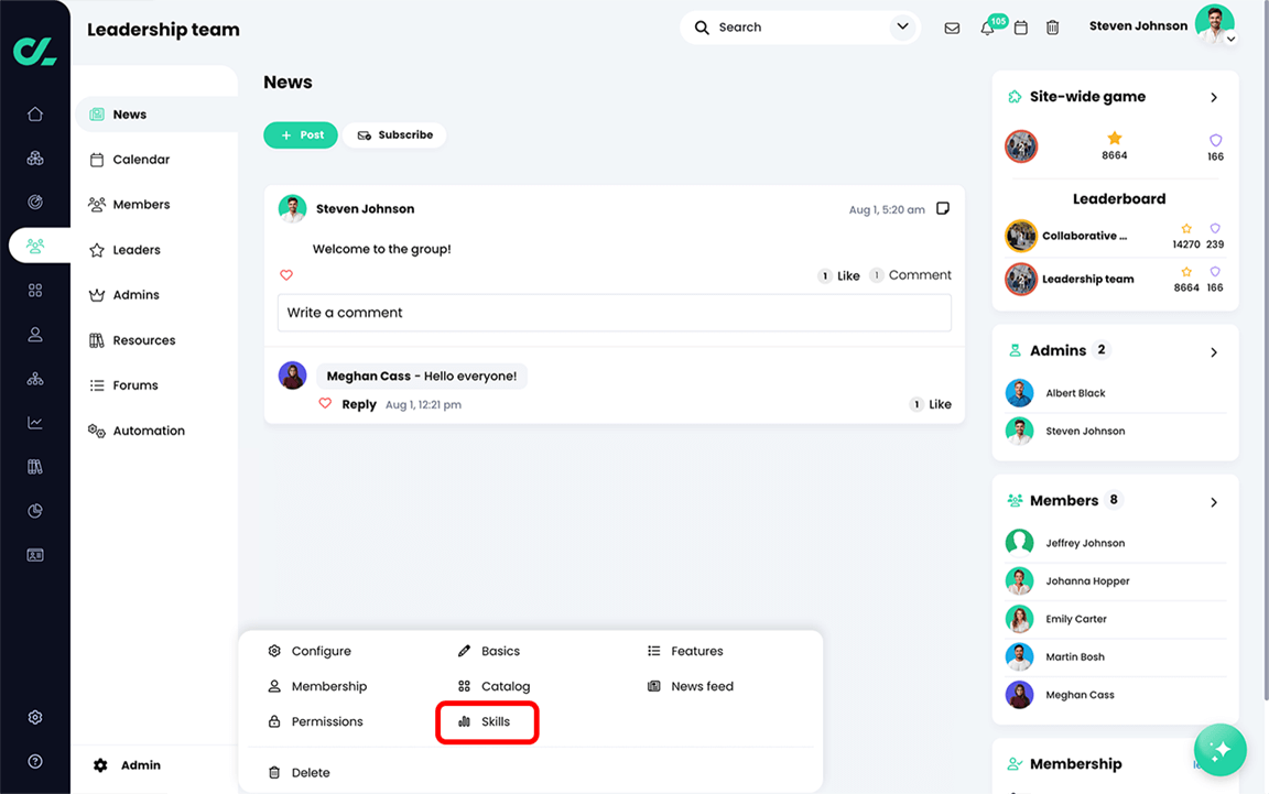 Group with the Group admin menu active and the Skills button highlighted