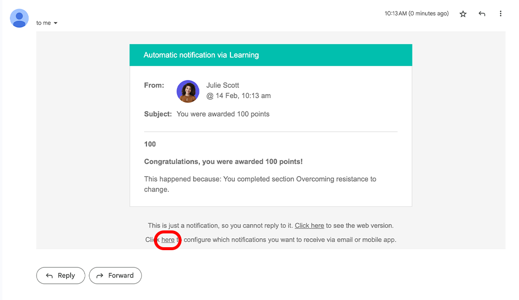 Game award notification email with the link to the Notifications, Configure page highlighted