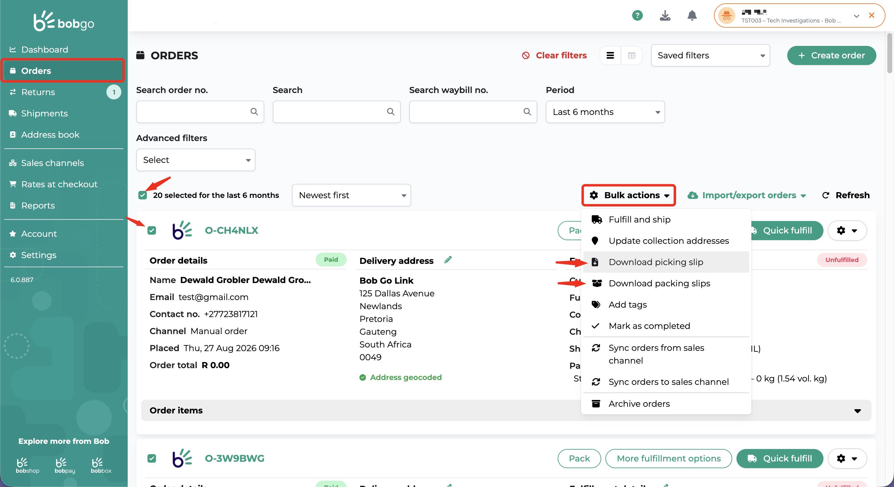 Bulk actions for packing slips and picking slips in Bob Go