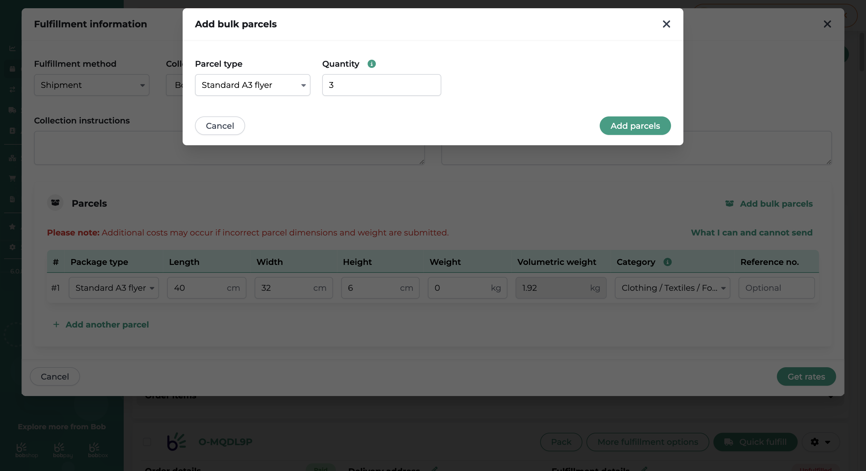 Parcel details and rates in Bob Go
