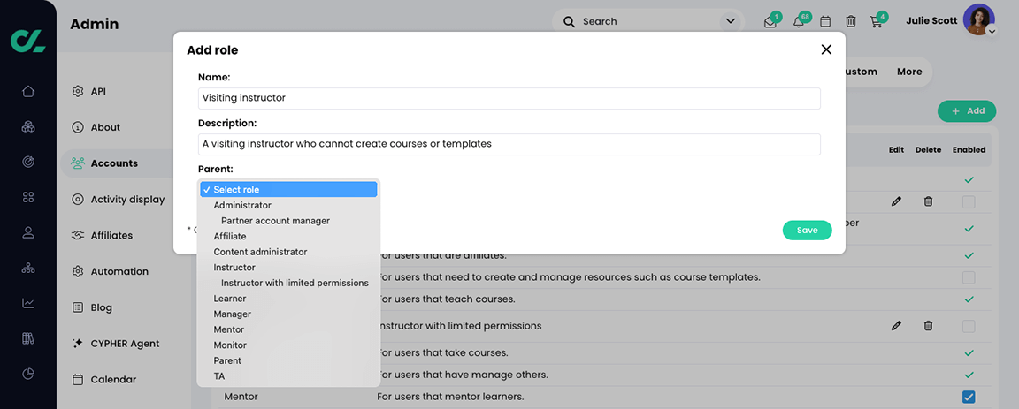 The Add role pop-up with the Parent menu active
