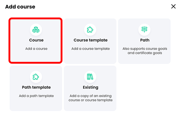 Add course pop-up with the Course button highlighted