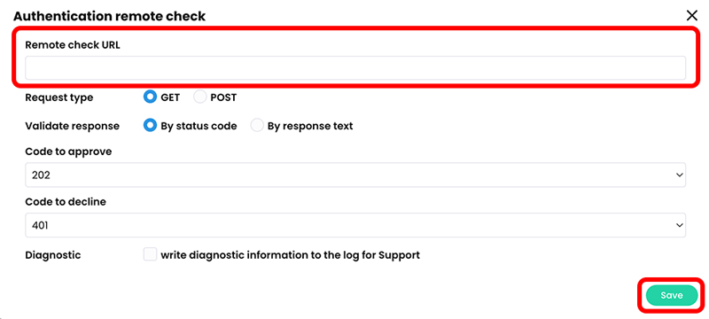 Admin, Policies, General tab, Authentication remote check section with the Remote check URL section blank and highlighted and the Save button highlighted