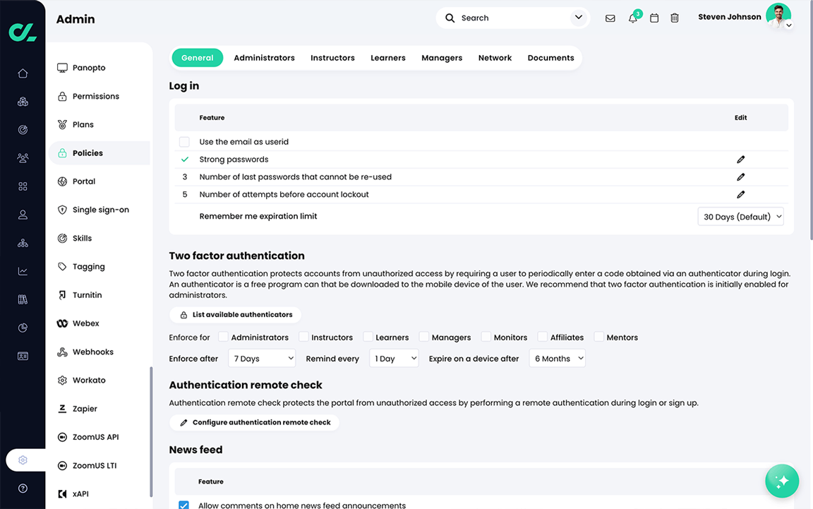 Admin, Policies, General tab
