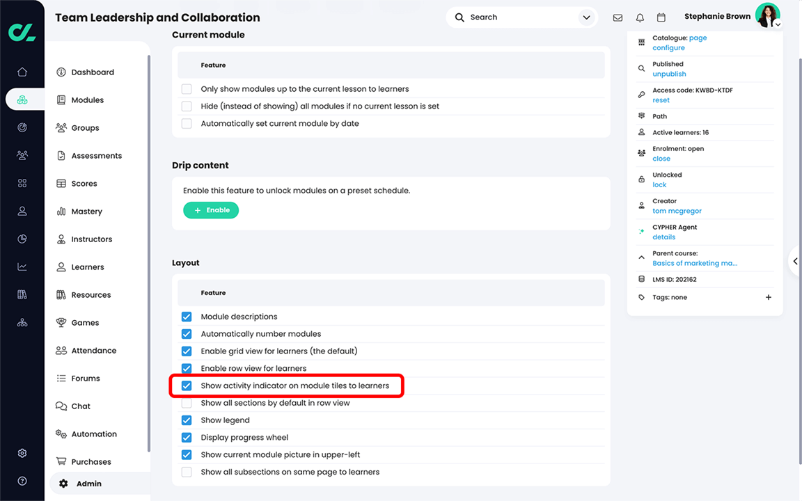 Course, Admin, Modules page with the option Show activity indicator on module tiles to learners highlighted