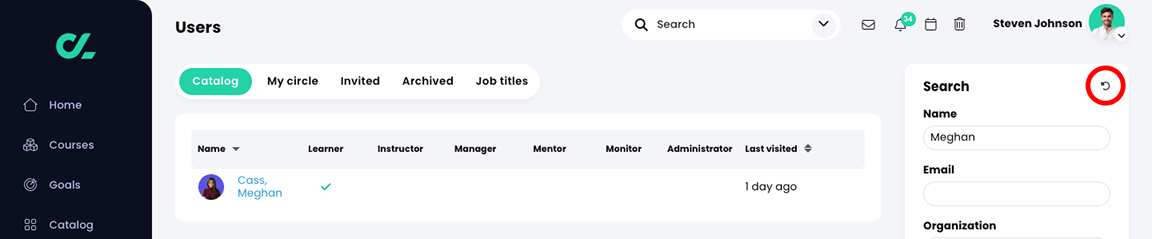 Users, Catalog with the Reset icon highlighted in the Search widget
