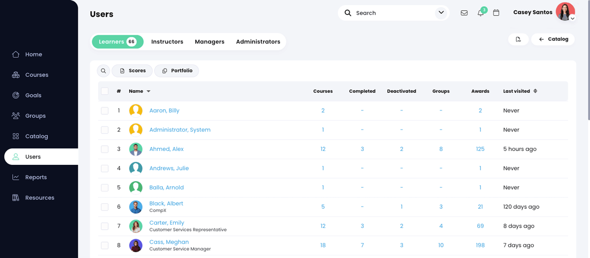 Felhasználók, tanulók fül