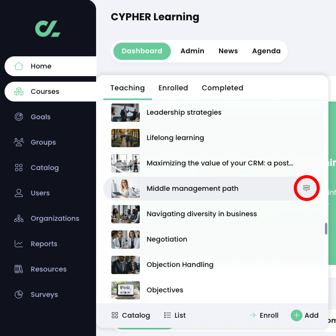 Homepage, Courses fly-out menu, Teaching tab with the Path icon highlighted
