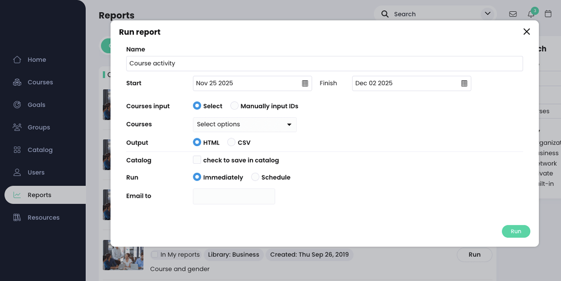 Jelentés futtatása felugró ablakban a kurzus tevékenységéről, a kezdési és befejezési dátumok kiválasztásával