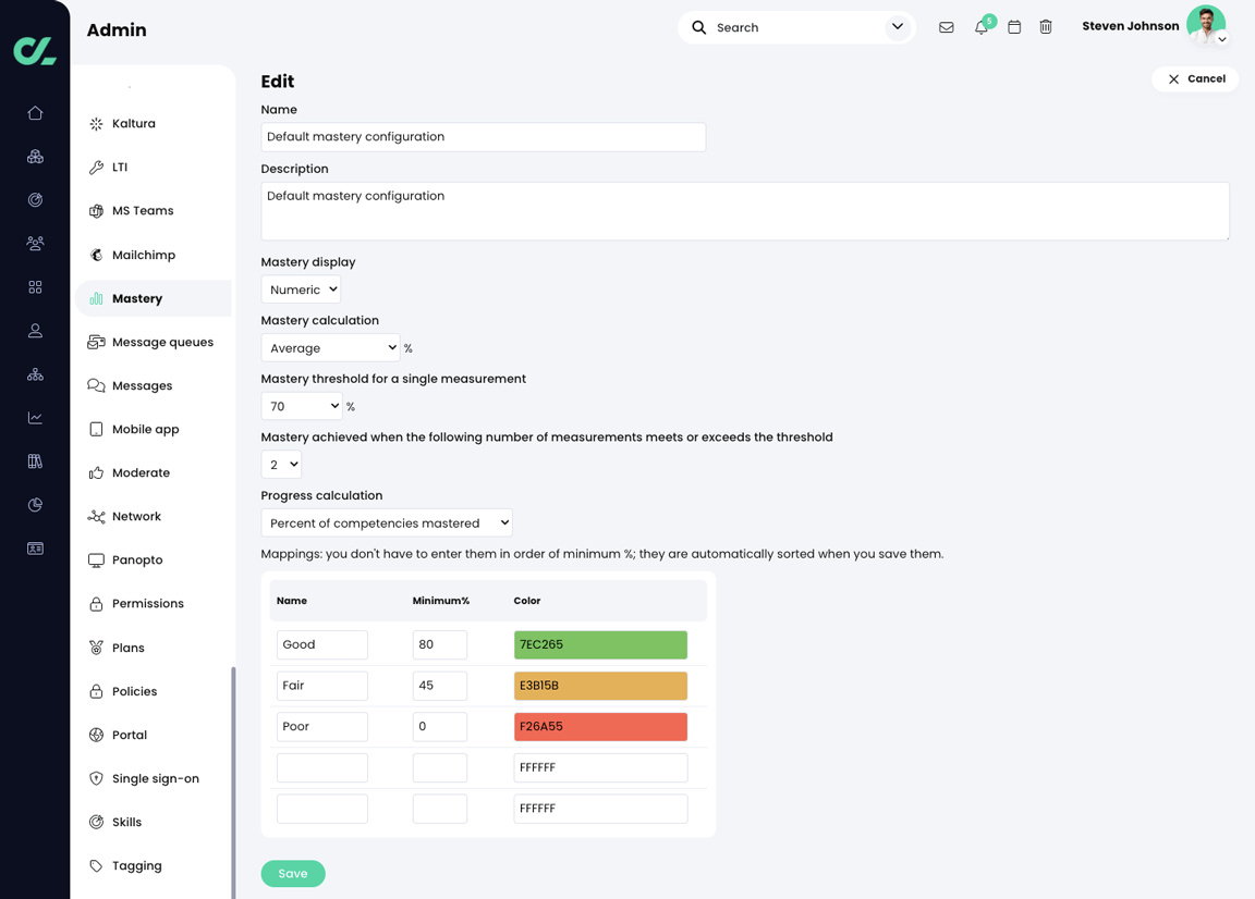 Admin, Mastery, Edit the Default mastery configuration page