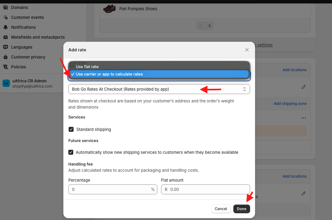 Select Bob Go as the carrier app in Shopify