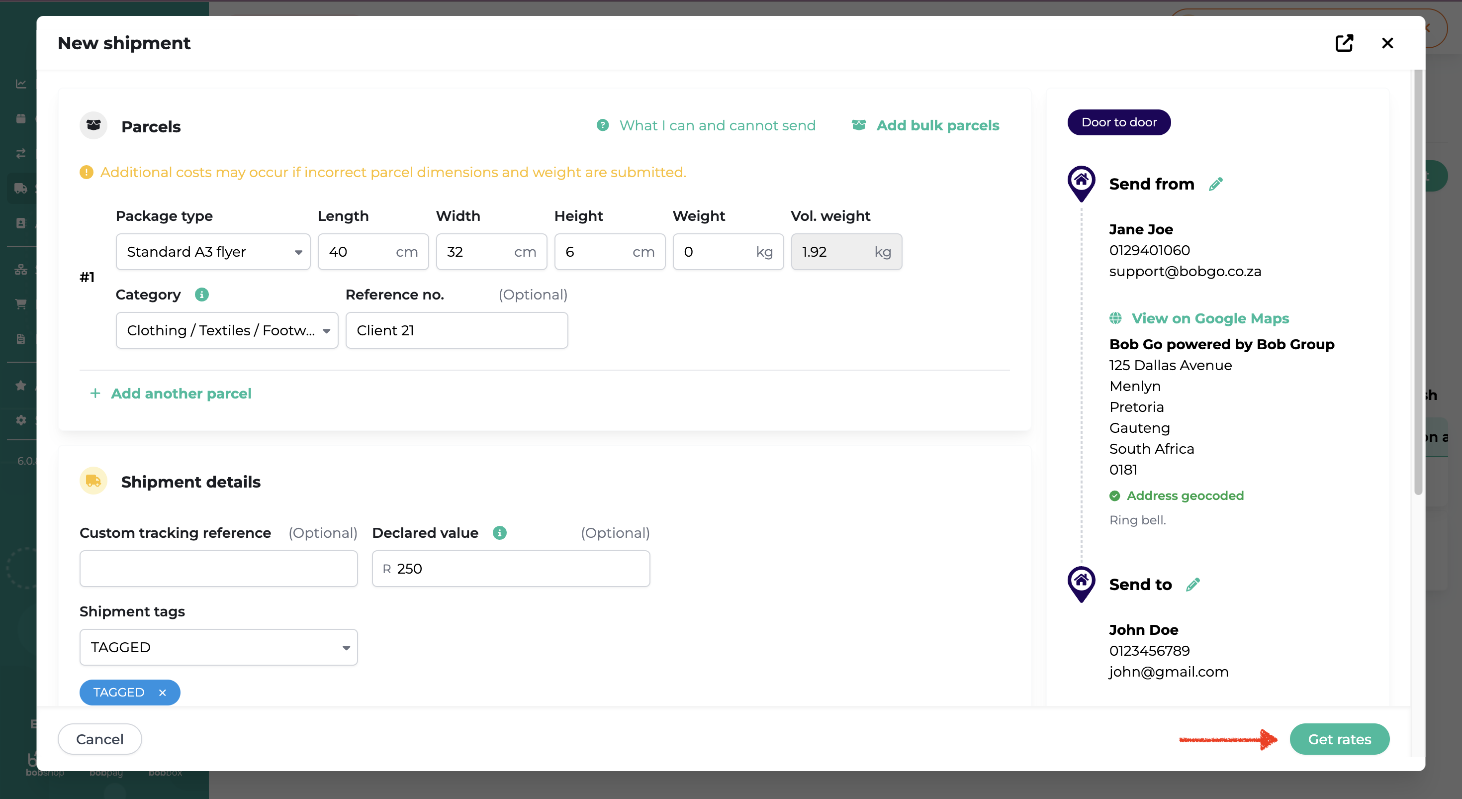 Shipment address details in Bob Go