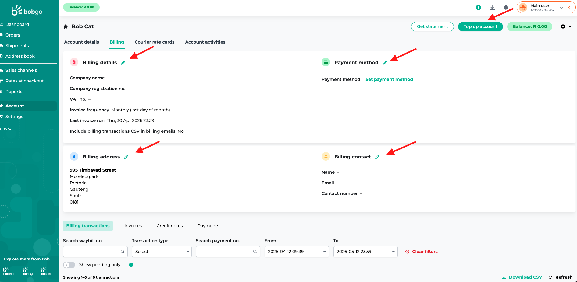 Set up billing details in Bob Go