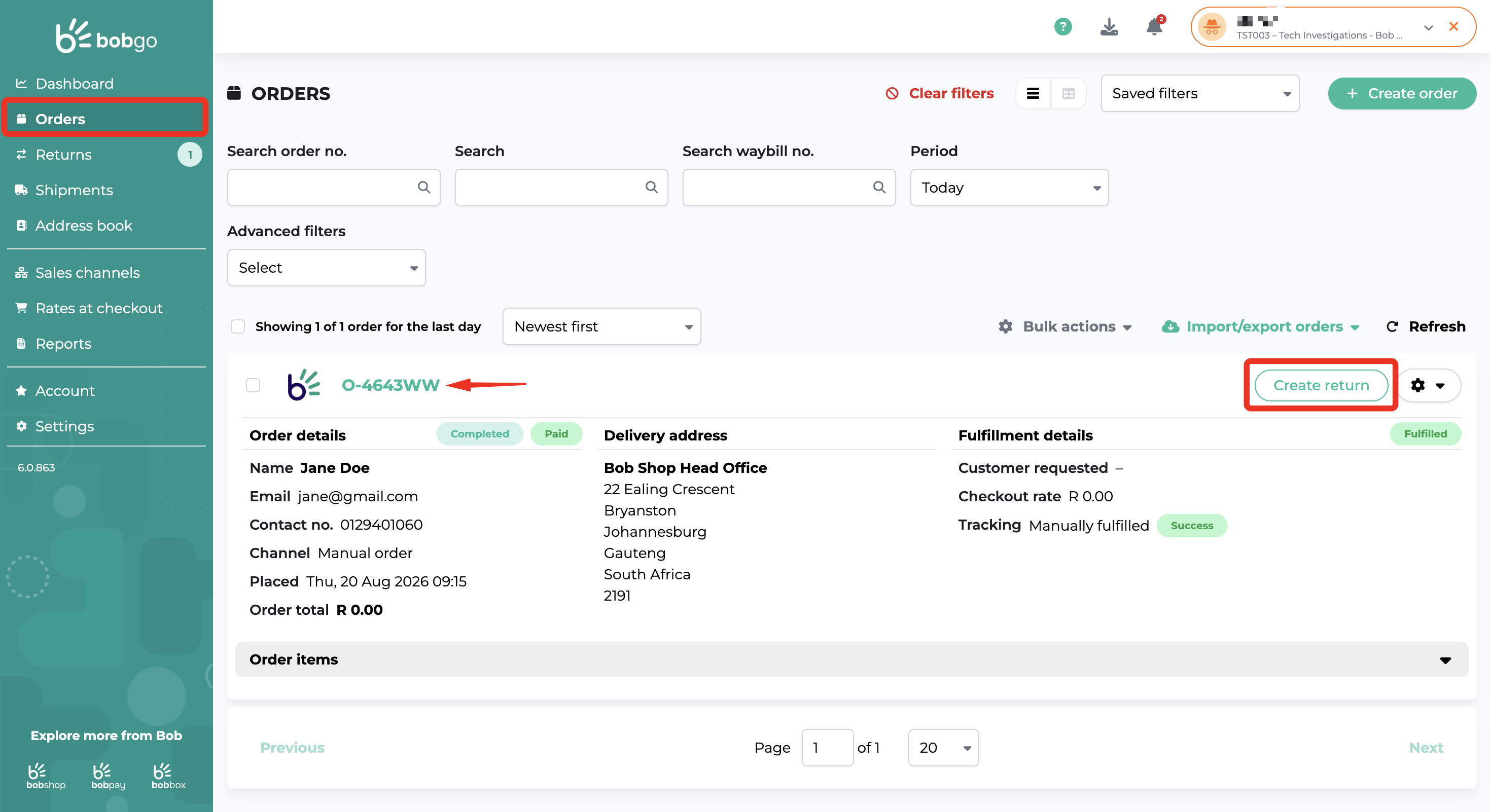 Create a return from a fulfilled order in Bob Go