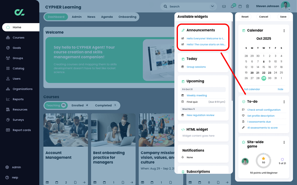 Edit widget mode with the Announcements widget highlighted in the Available widgets column with an arrow pointing at the right panel