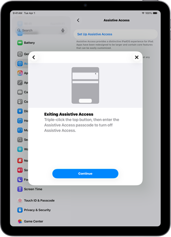 An iPad with a screen explaining how to exit Assistive Access.