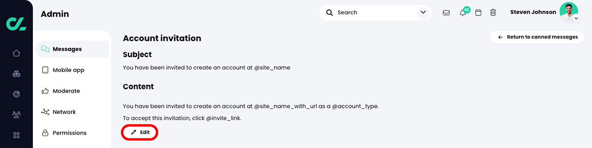 Admin, Messages, Account invitation message page with the Edit button highlighted