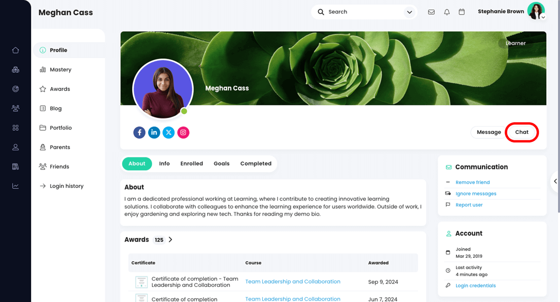 A user's profile page with the Chat button highlighted