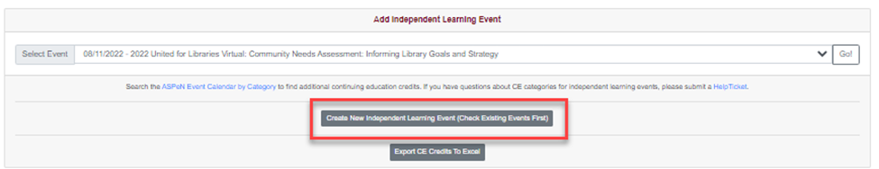 Image to add a new Independent Learning Event on the CE dashboard