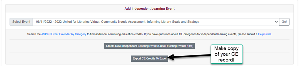 screenshot of the button at the bottom of the page that says Export CE Credits to Excel