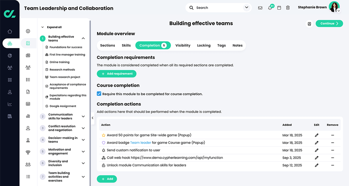 Course, Module, Completion tab with multiple Completion actions added