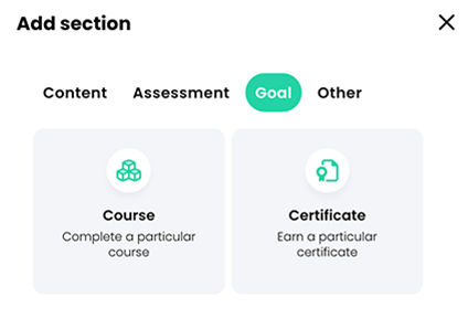 Add section pop-up, Goal tab