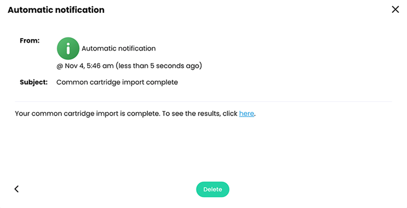 Automatic notification of a successful common cartridge format import