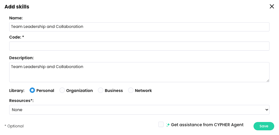 Add skills pop-up with a Name and Description example