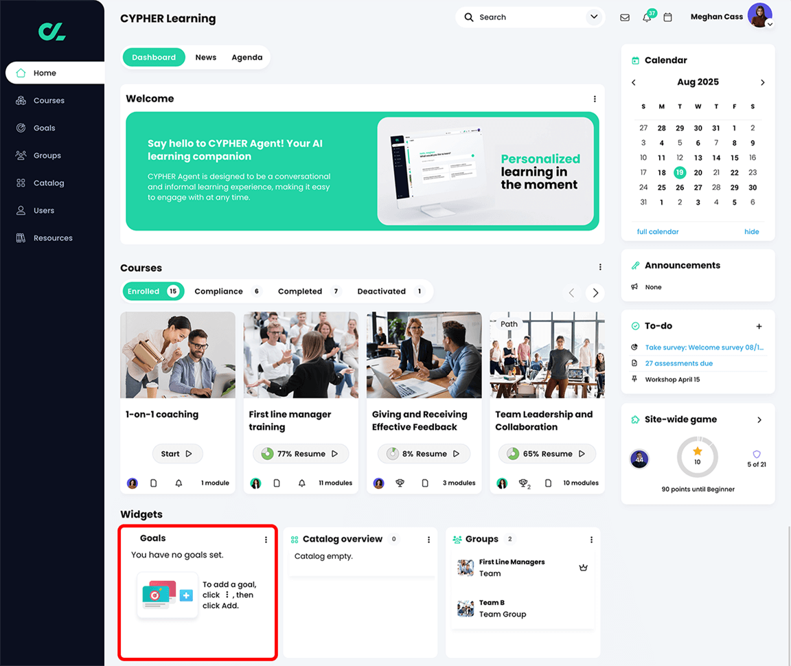 Leader dashboard with the Goals widget highlighted for a learner with no current goals