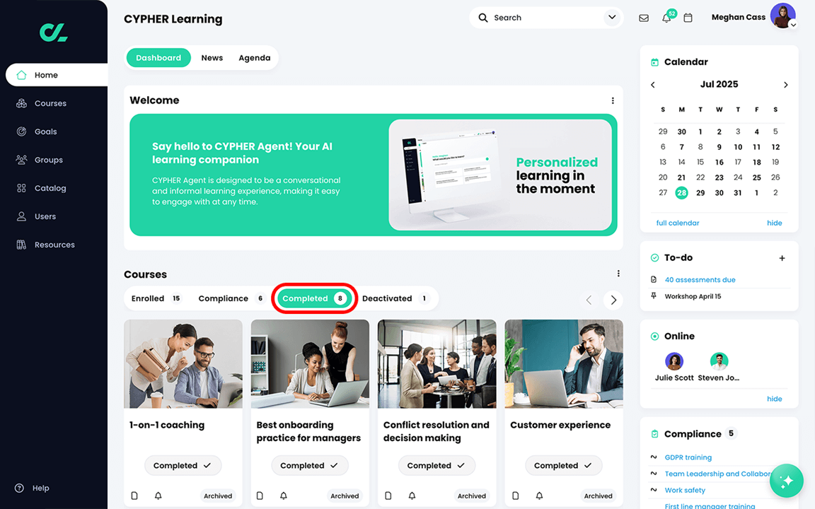 Learner home dashboard with the Completed tab highlighted on the Courses widget