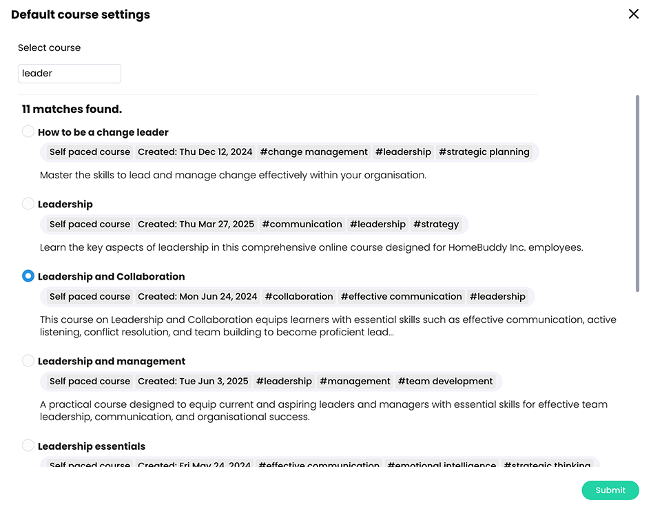 Default course settings pop-up with a course selected