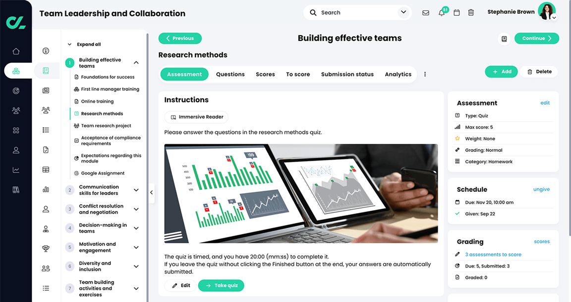 Course, Assessments, Quiz, Assessment tab