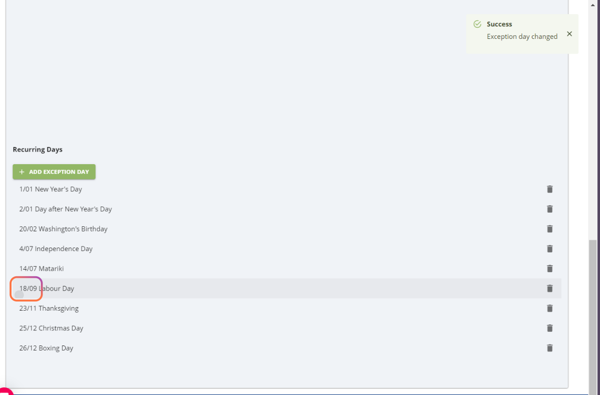 Checklist Exception Calendar