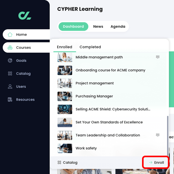 Learner home dashboard with the Courses menu active and the Enroll button highlighted