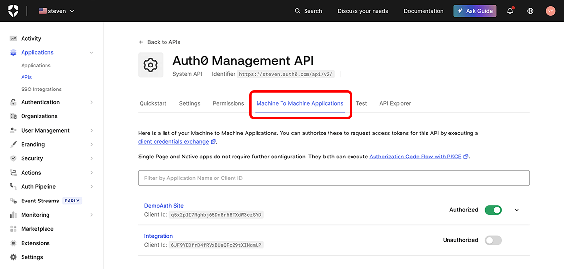 Auth0, Applications, APIs, Auth0 Management API, Machine to Machine Applications tab with the tab name highlighted