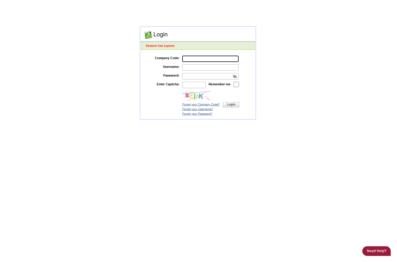 Load Manager login page showing blank company code username password and captcha fields after a session-expired message