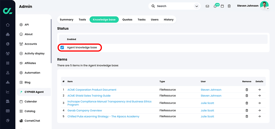 Admin, CYPHER Agent, Knowledge base tab with the Agent knowledge base checkbox selected and highlighted