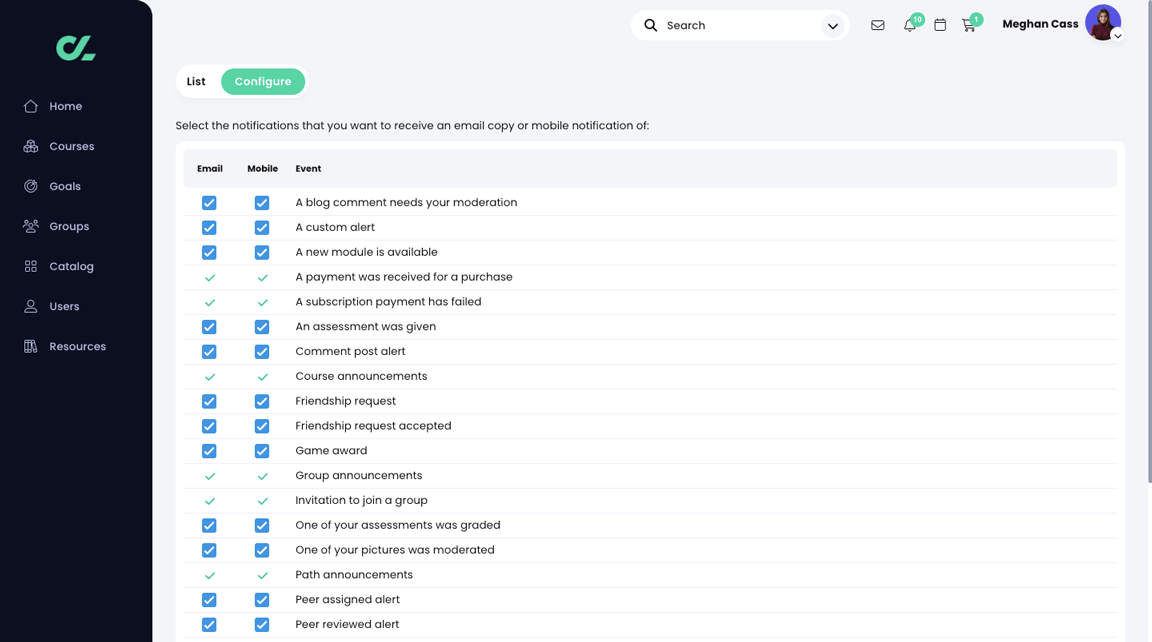 Notifications, Configure page showing Email and Mobile checkboxes highlighted