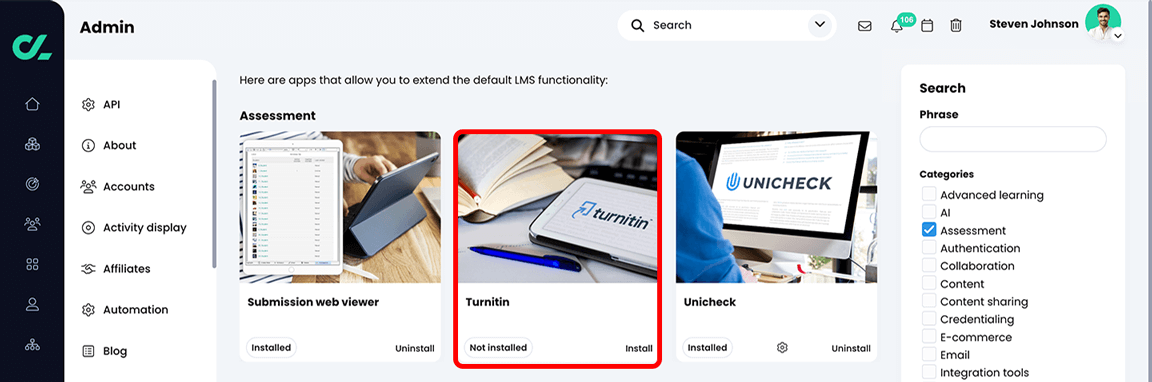 Admin, App center with the Turnitin app highlighted in the Assessment section