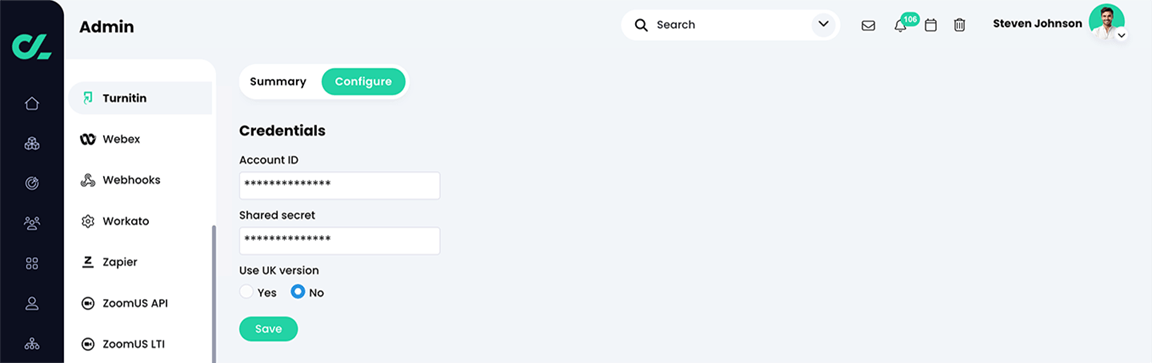 Admin, Turnitin, Configure tab with the Account ID and Shared secret fields populated