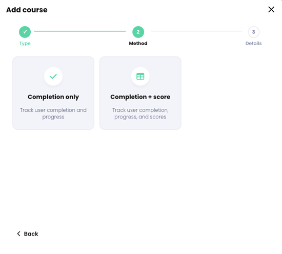 Add course popup, Method step, SCORM options