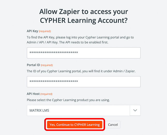 Zapier, Allow Zapier to access your CYPHER Learning Account pop-up with the Yes, Continue to CYPHER Learning button highlighted
